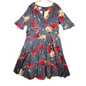 Unique Vintage Delores Swing Dress Navy Gray Floral Print Retro Knee Length 4XL